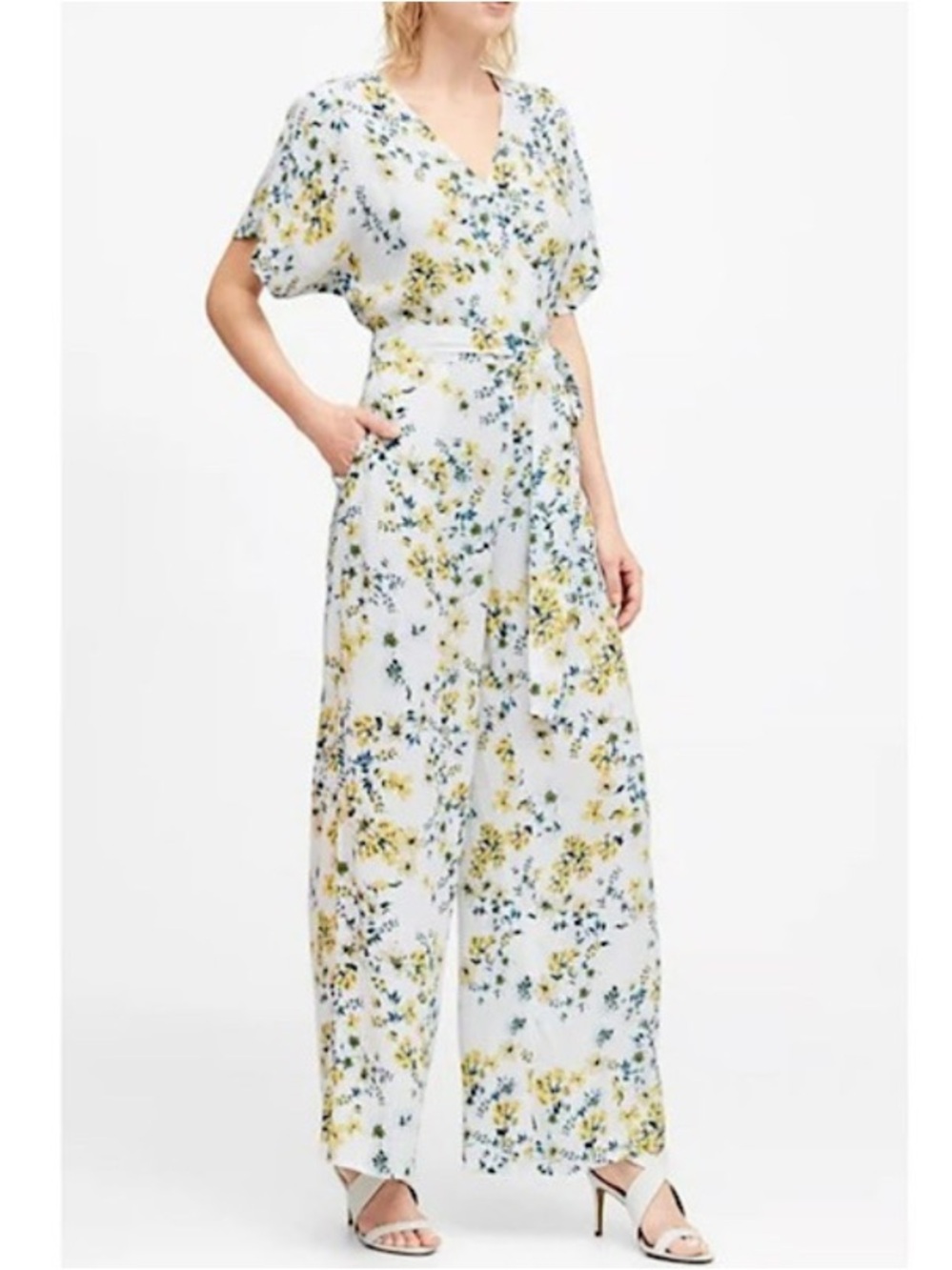 NEW Banana Republic White and Yellow Floral Wide-Leg Jumpsuit Size 6